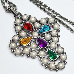 Vintage Large Cross Pendant Necklace Faux Pearl Rhinestone Silver Tone Chain